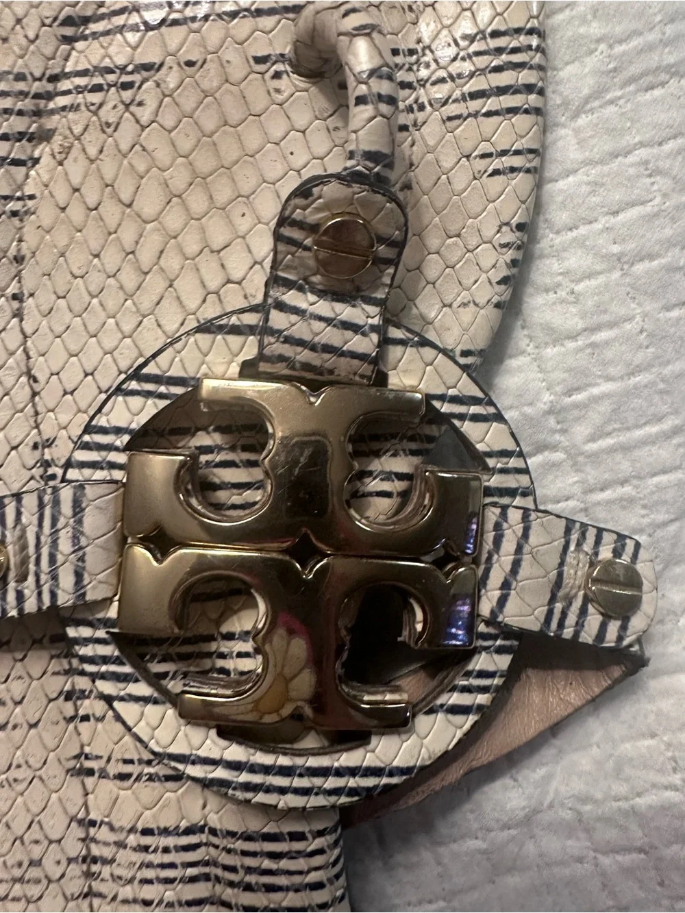 Tory Burch Off White/Blue Striped Snake Leather Miller Gold Metal Sandals 8.5